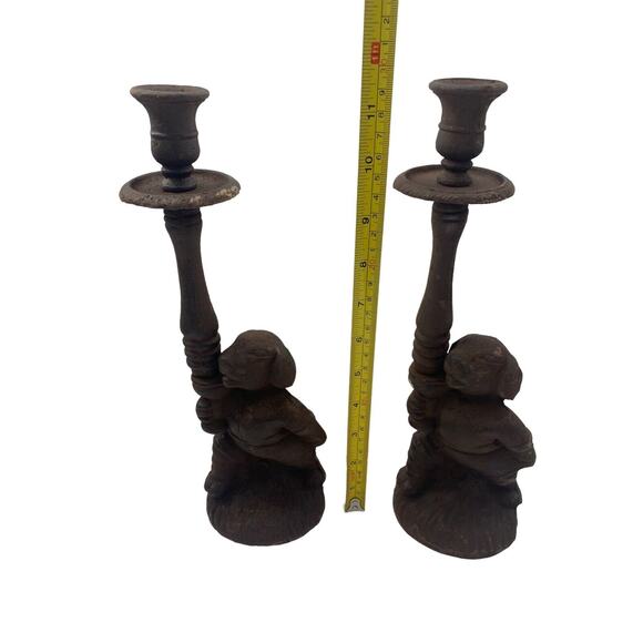 Vintage Cast Metal Iron Dogs Candlestick Candle Holder Set of 2 Dog Decor 12" - Picture 5 of 11